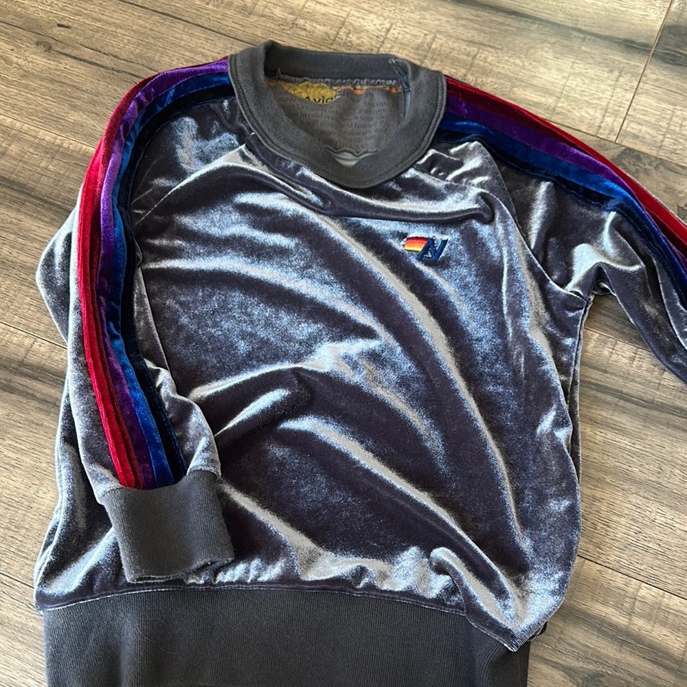 Aviator Nation Gray and Red Sweatshirt with Striped Sleeves